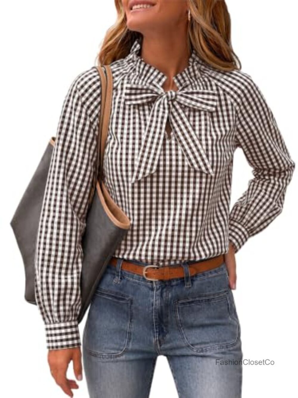 Women's Cotton Bow Tie Blouse Puff Sleeve Ruffle High Neck Plaid Top